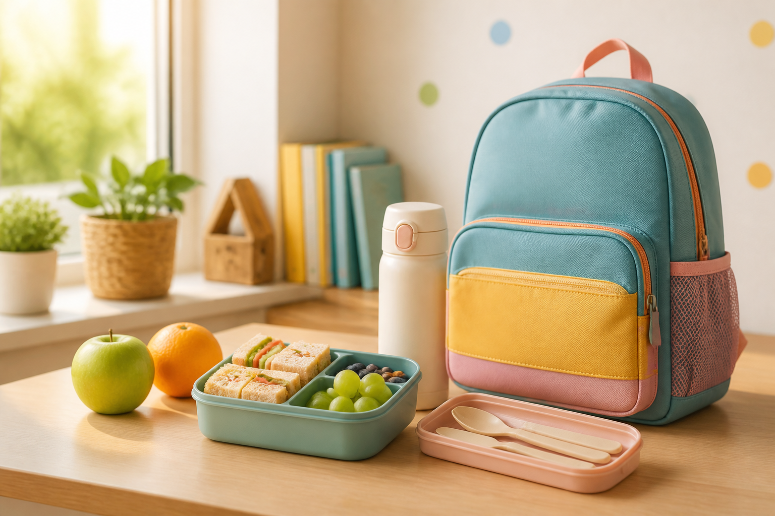 Çocuklar için okul beslenme ürünleri: bento kutusu, suluk ve okul çantası