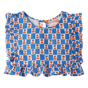 Fabula - Damier Flowers Volant-Oberteil | Blau