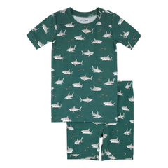 Petit Lem - Kurzer Pyjama mit Haifischmuster Bio-Baumwolle und Modal | Dunkelgrün