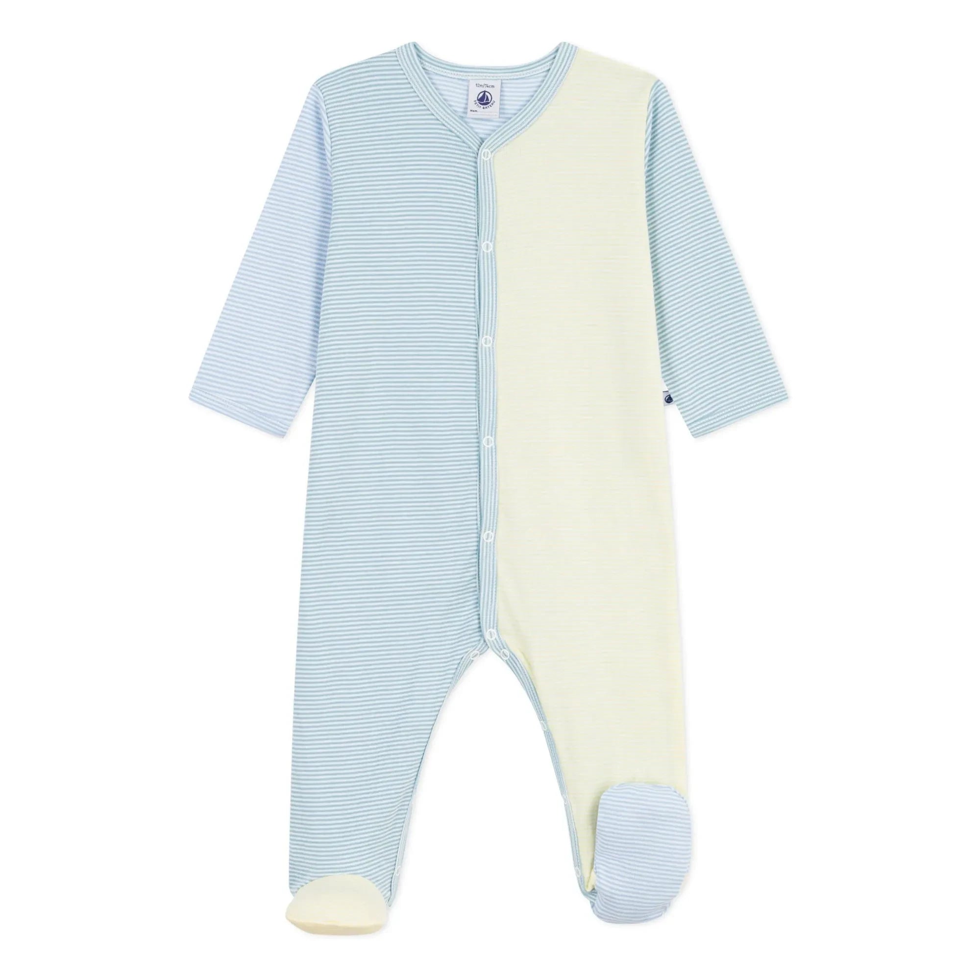 Petit Bateau - Dors Bien Farbblock-gestreifter Milleraies Bio-Baumwoll-Schlafanzug | Grün