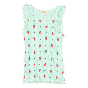 Búho – Geripptes Tanktop Erdbeere Rüschen Bio-Baumwolle | Aqua