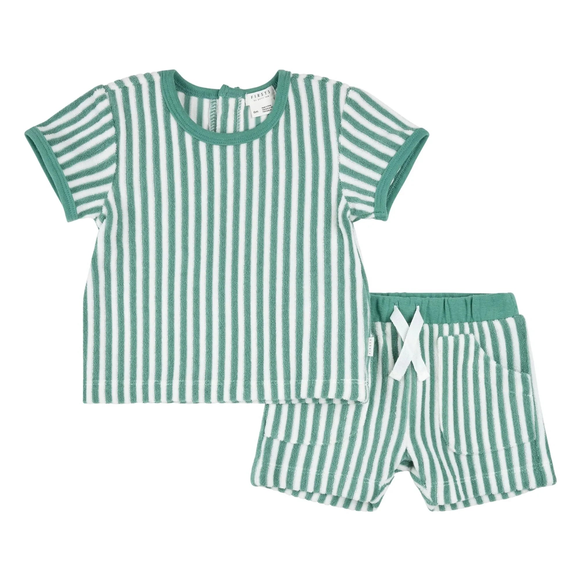 Petit Lem – Gestreiftes T-Shirt- und Shorts-Set aus Bio-Baumwolle | Türkis