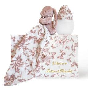 Elhée - Augustin der Hase Toile de Jouy Babyfläschchen aus medizinischem Silikon und Schnuller-Set - Elhée x Tartine et Chocolat | Pfirsich