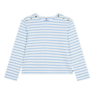 Petit Bateau - Blaue Marinière-Strampler mit Knöpfen
