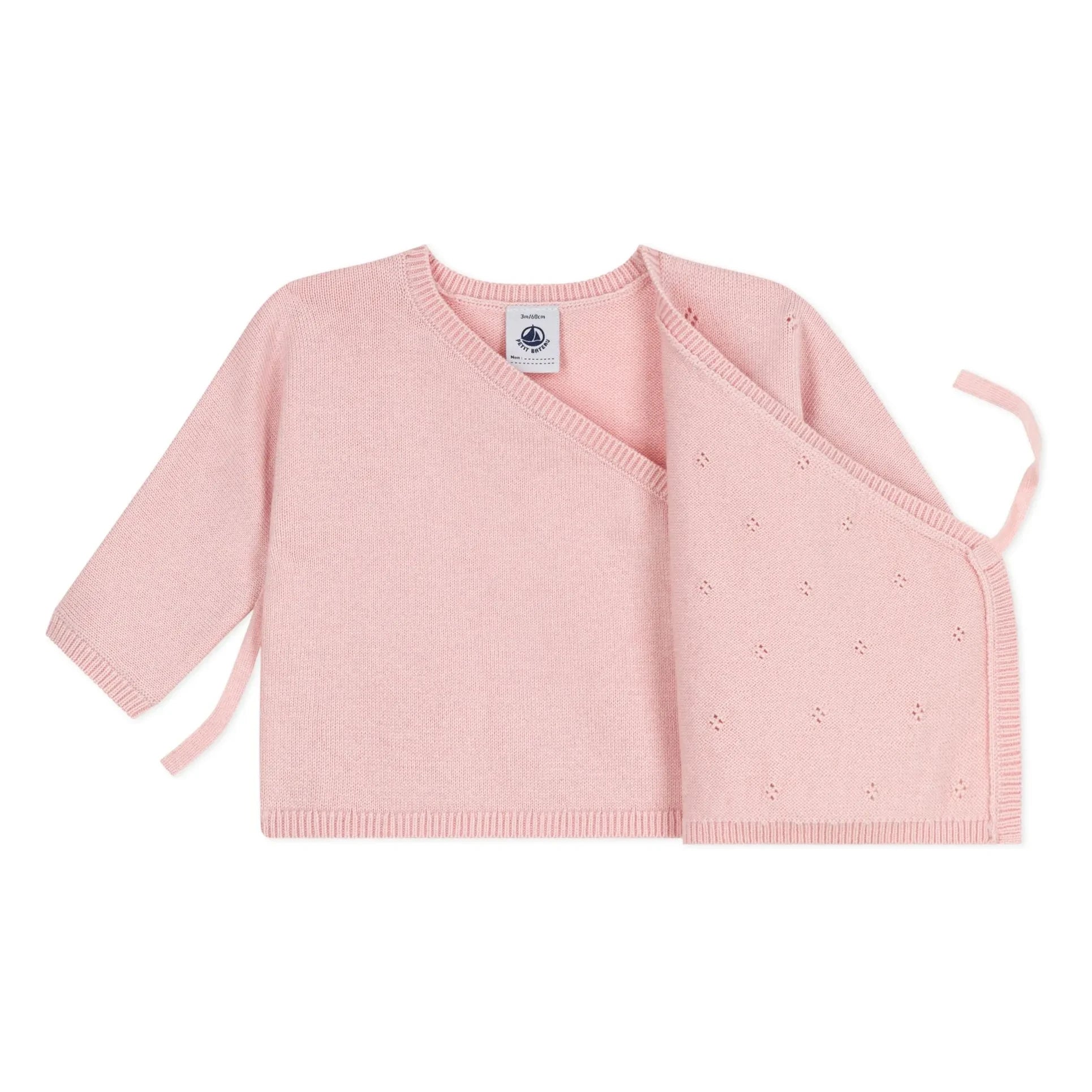 Petit Bateau – Wickelstrickjacke aus Pointelle-Wolle | Rosa