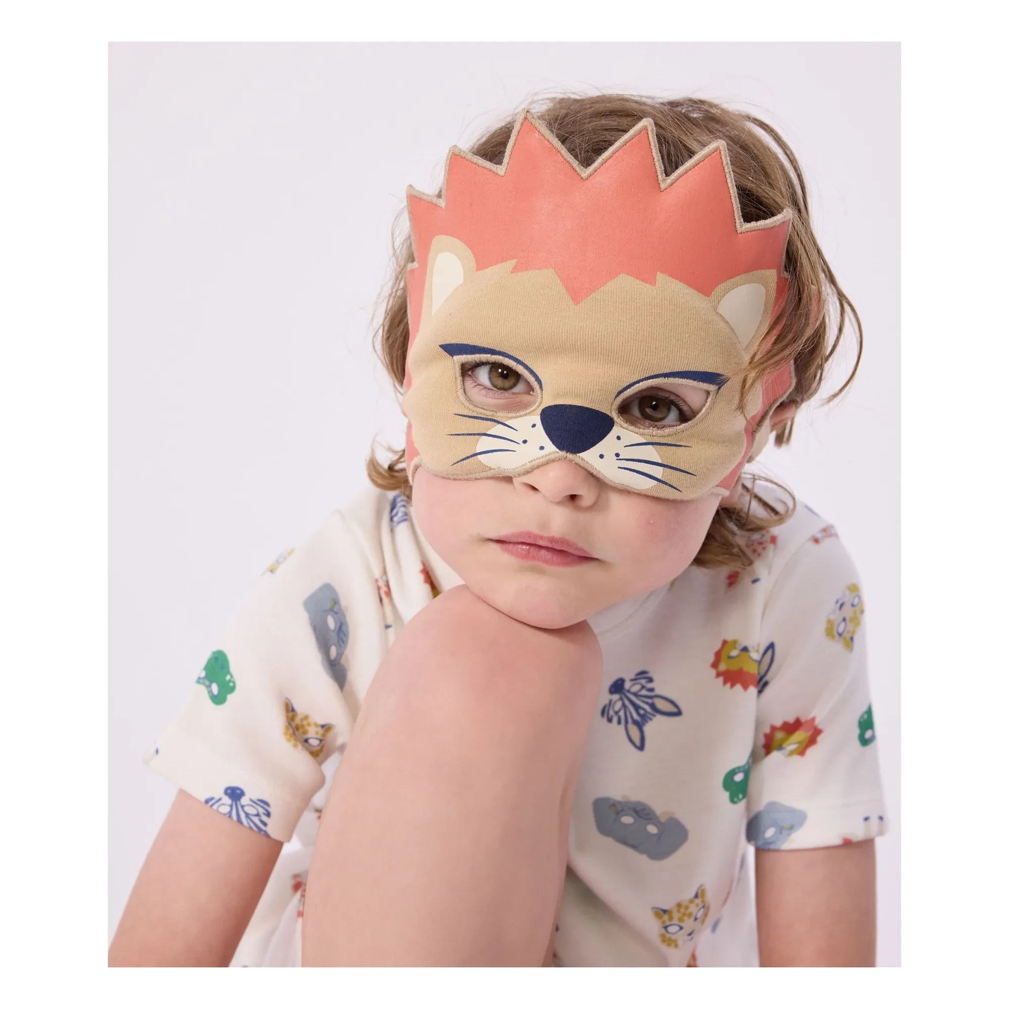 Petit Bateau – Schlafanzug aus Bio-Baumwolle mit Löwenmaske, kurze Form | Weiß