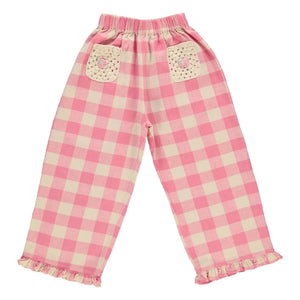Bebe Organic - Anais Karierte Hose mit Taschen und Häkelstickerei | Rosa