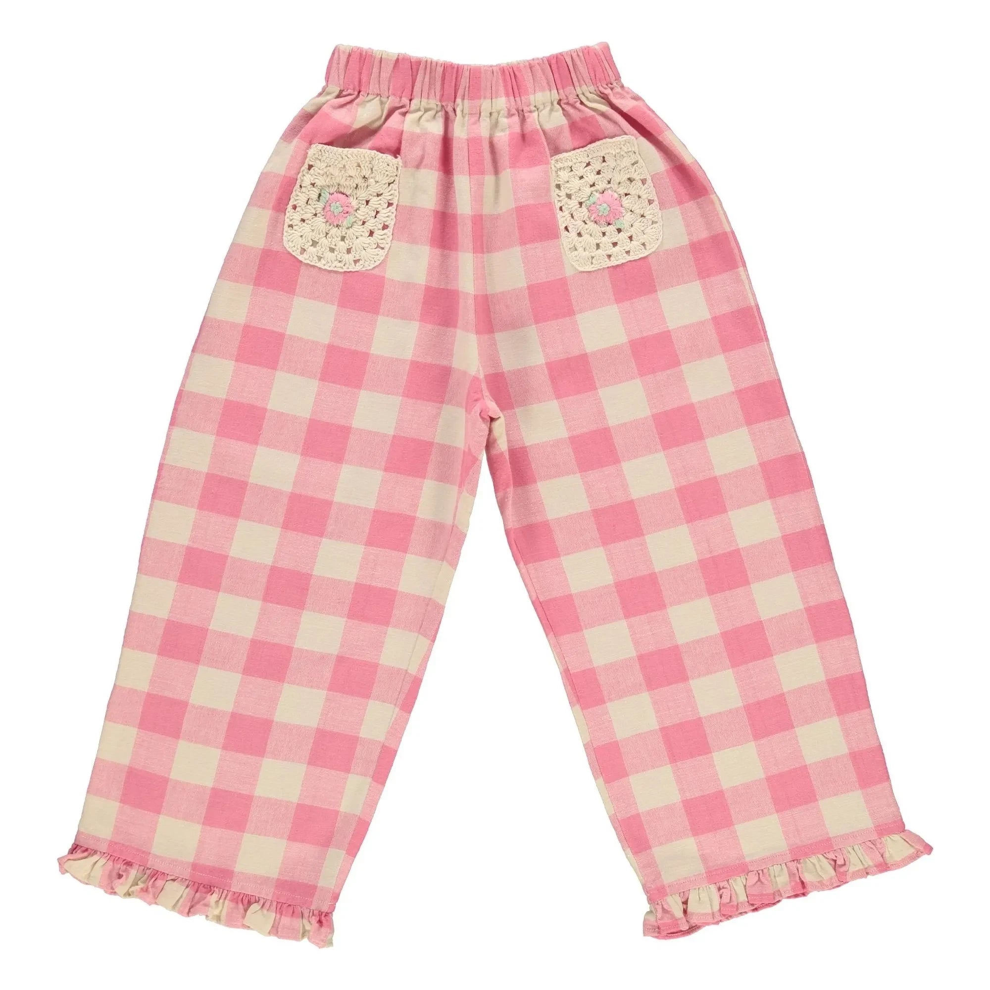 Bebe Organic - Anais Karierte Hose mit Taschen und Häkelstickerei | Rosa