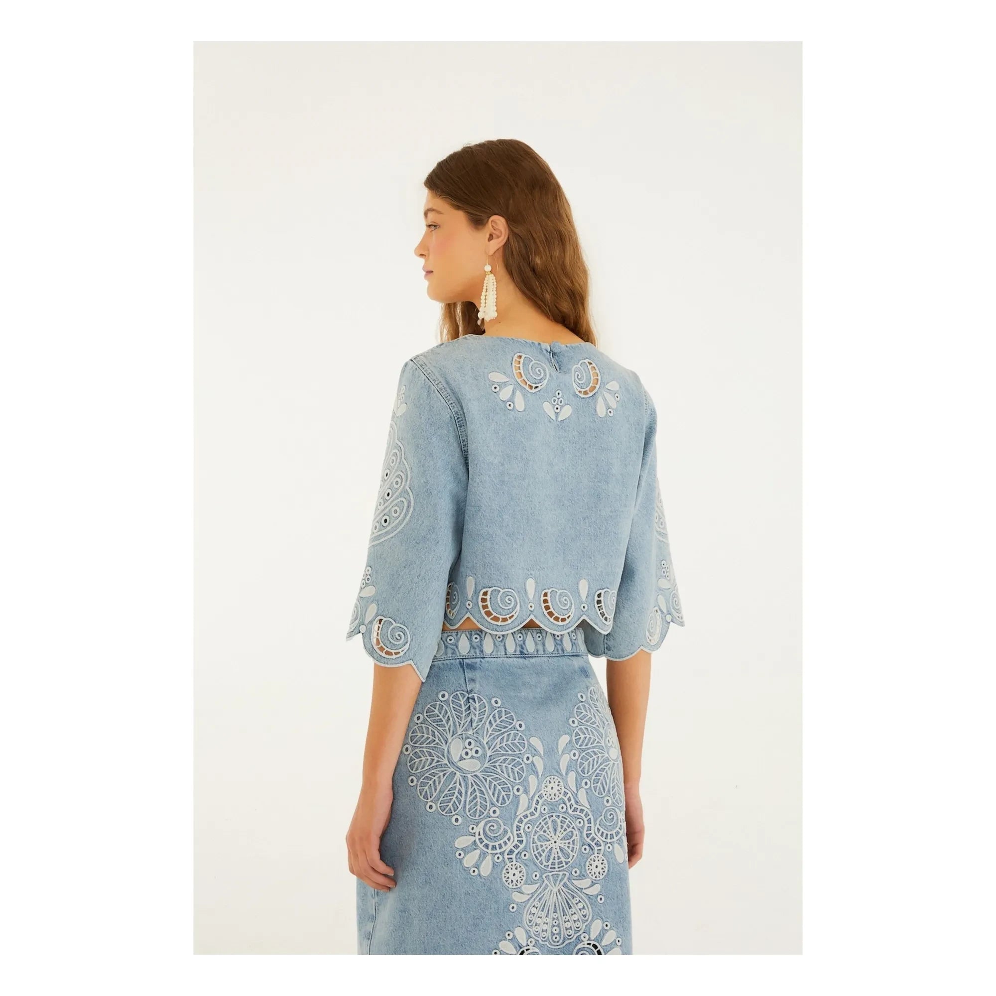 Farm Rio - Richelieux Bluse | Jeansblau
