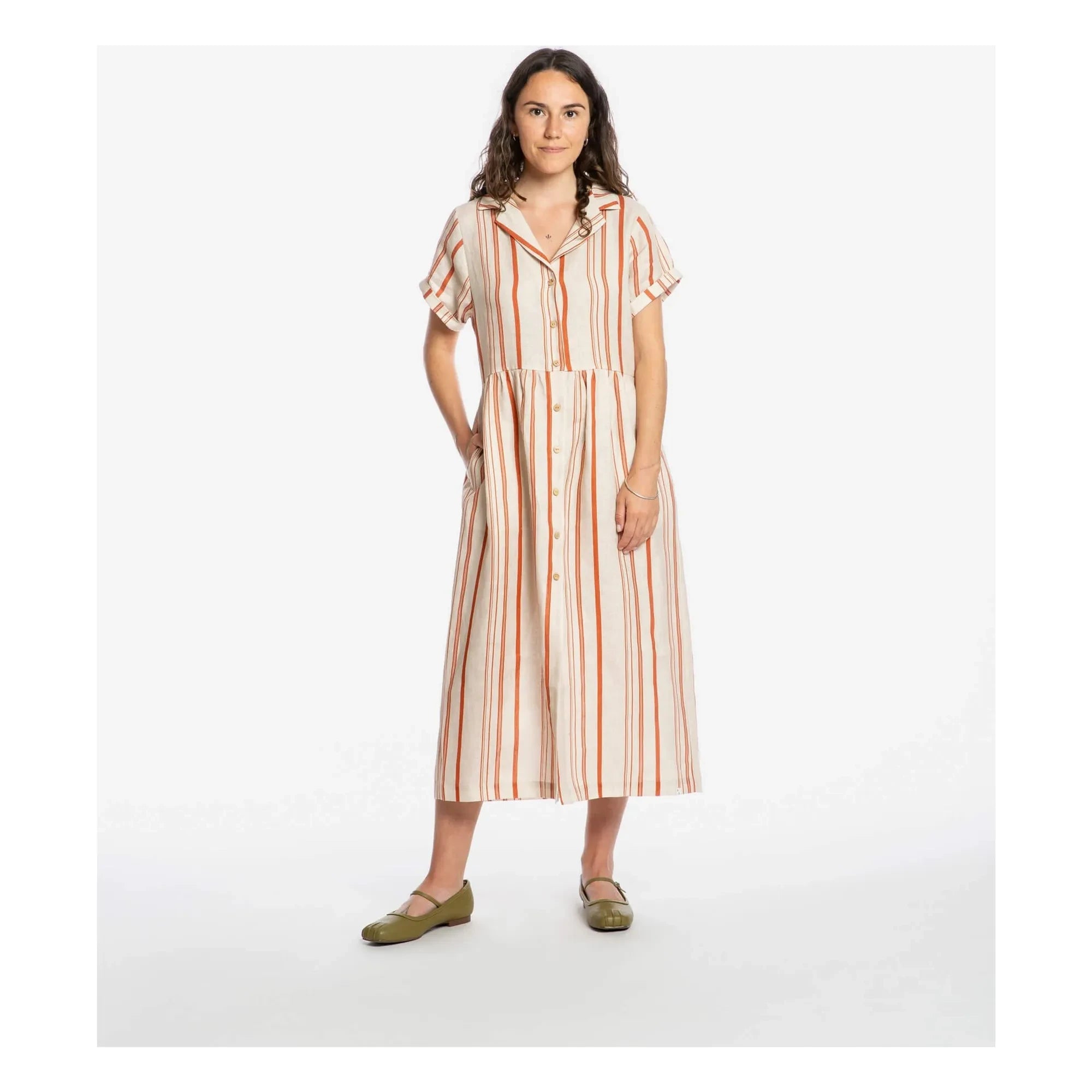 Matona - Gestreiftes Leinen-Midi-Hemdblusenkleid | Gebrochenes Weiß