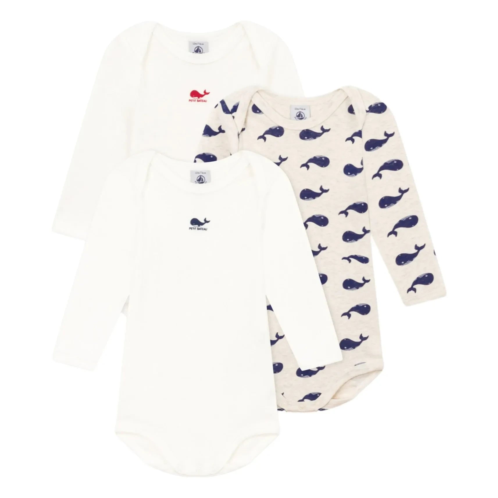 Petit Bateau - 3er Body-Set mit langen Ärmeln und Walmuster aus Bio-Baumwolle | Weiß