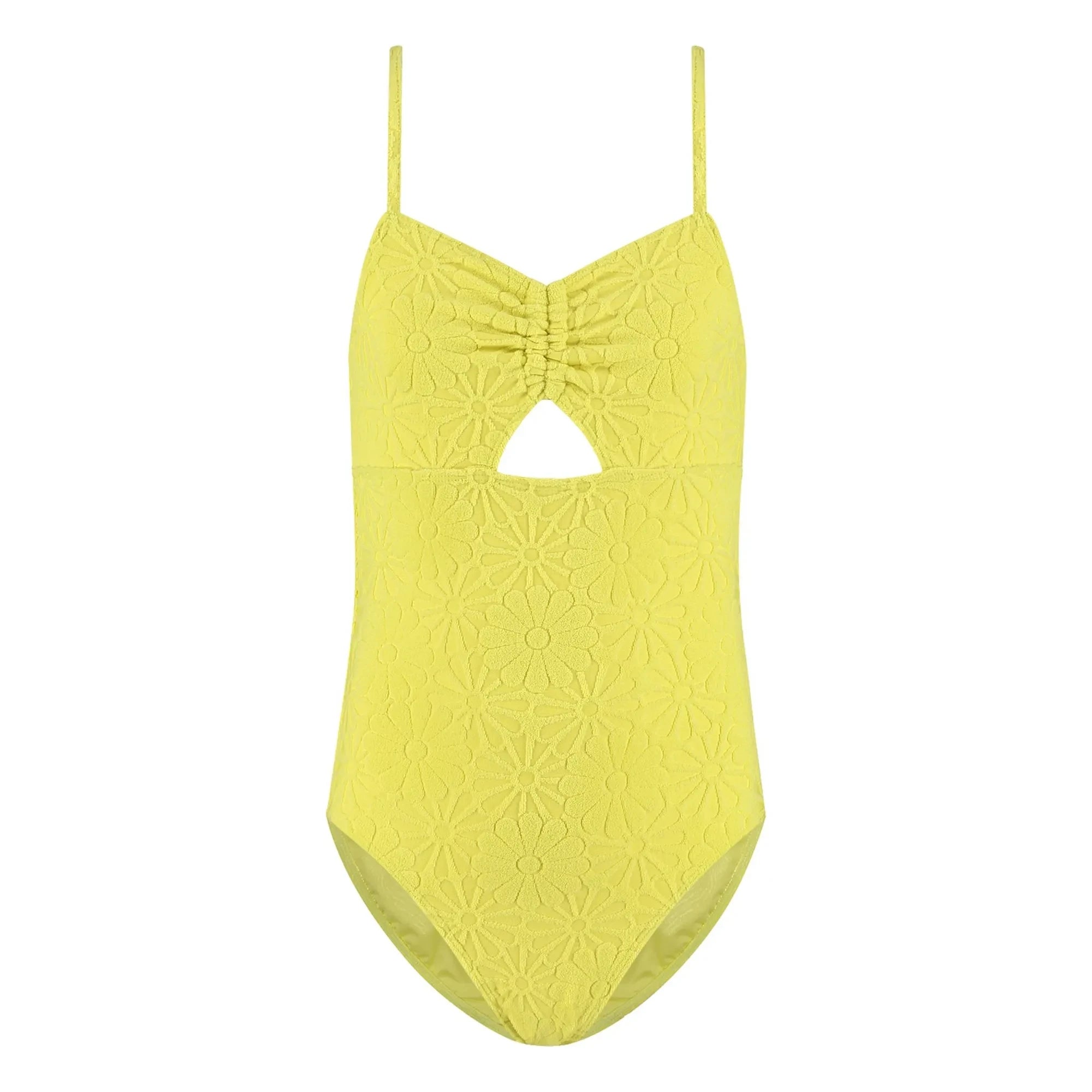 Beachlife - Strukturierter geraffter Badeanzug mit Blumenmuster | Gelb