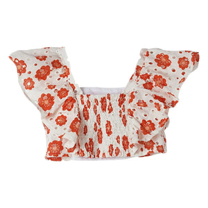 Fabula - Bluse mit gerüschten Ärmeln und englischer Blumenstickerei | Weiß