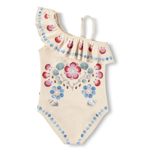 Molo - Asymmetrischer Rüschen-Badeanzug mit Muschelprint aus recycelten Fasern | Ecru