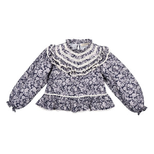 the new society - Lilth Doppelte Baumwollmusselin Bluse mit Blumenmuster | Dunkelblau