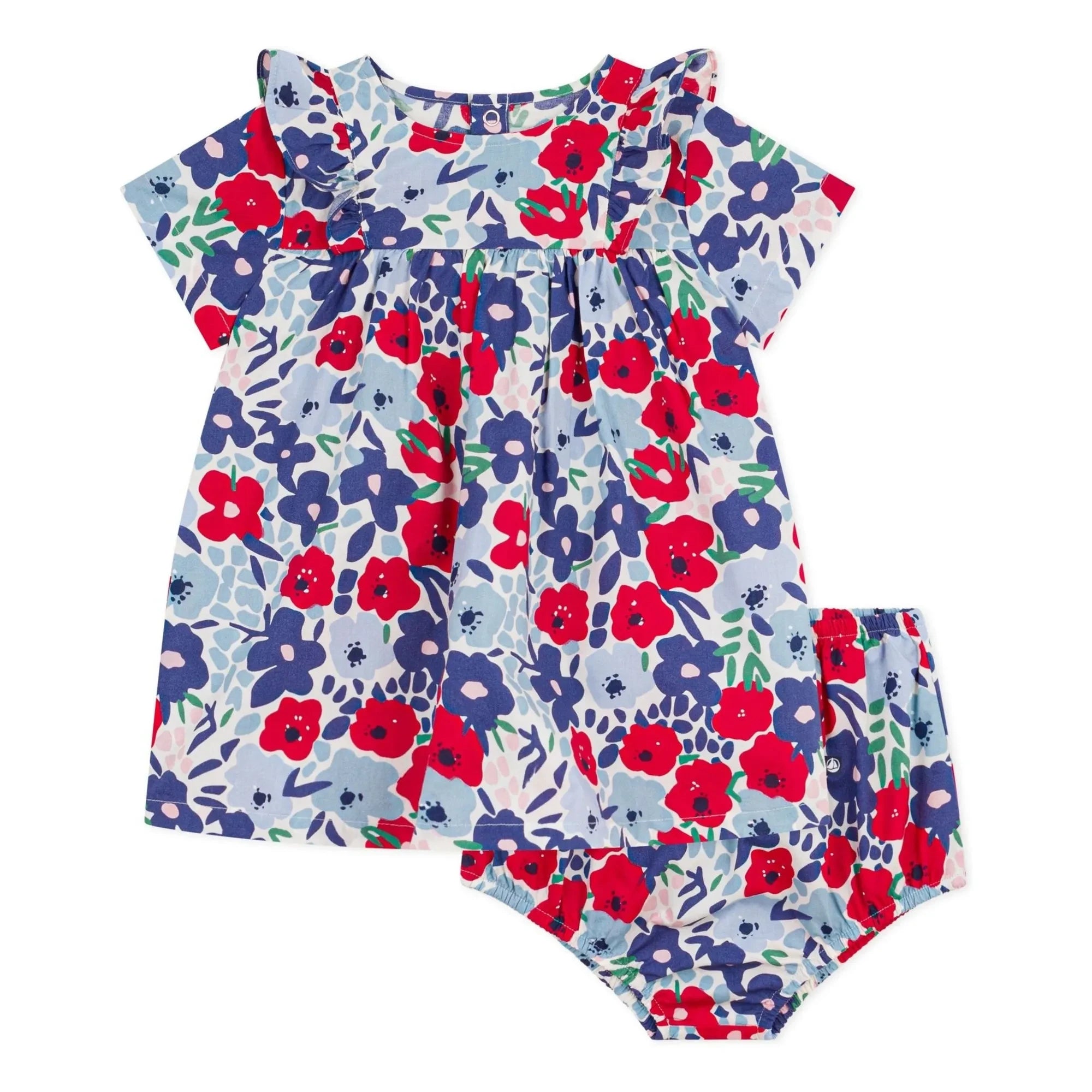 Petit Bateau - Blumenkleid und Bloomer-Set aus Bio-Baumwollpopeline | Blau