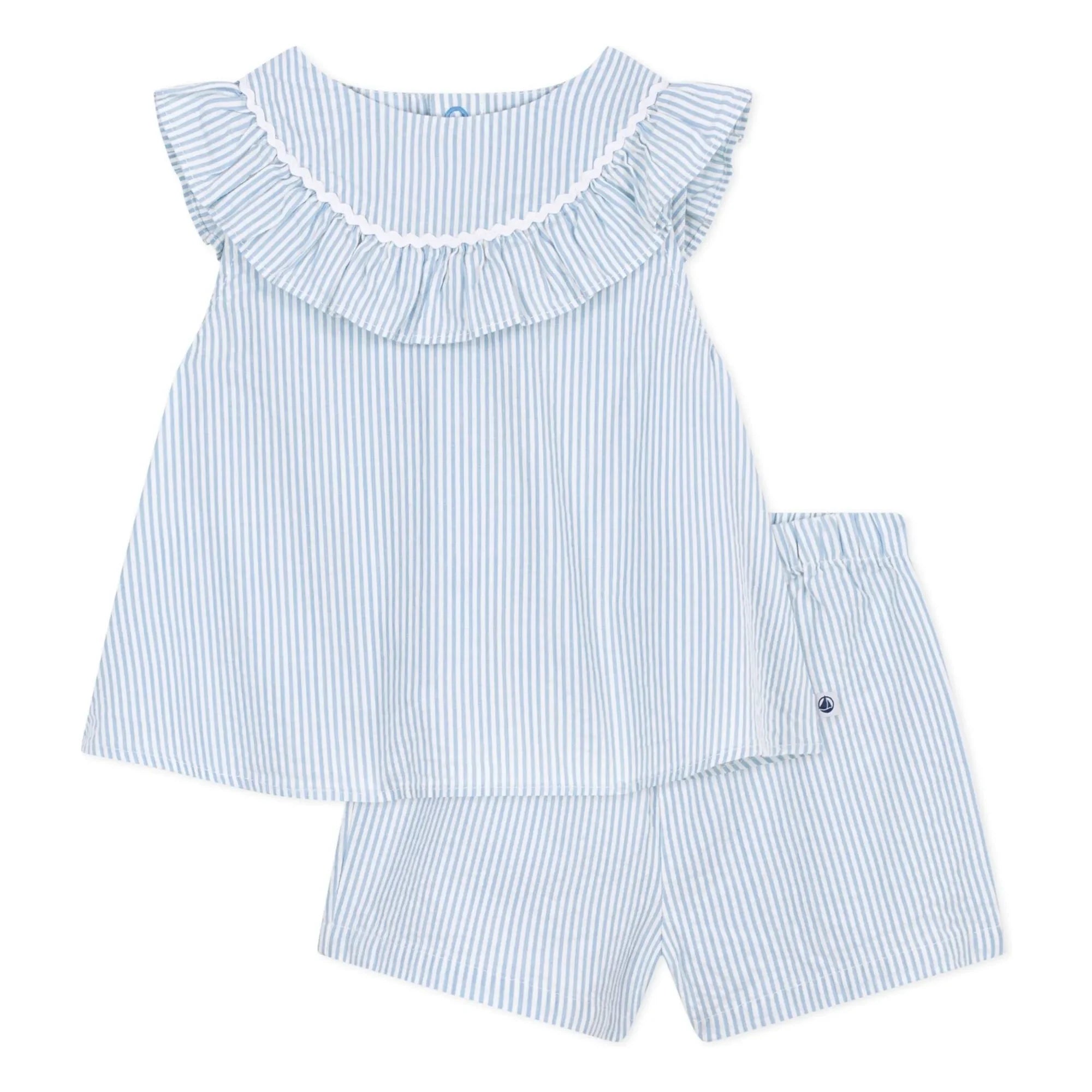 Petit Bateau - Seersucker Bio-Baumwoll Bluse und Shorts Set | Weiß