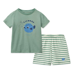 Liewood - Bio-Baumwoll-T-Shirt und Shorts-Set mit Kugelfisch-Motiv | Grün