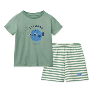 Liewood - Bio-Baumwoll-T-Shirt und Shorts-Set mit Kugelfisch-Motiv | Grün