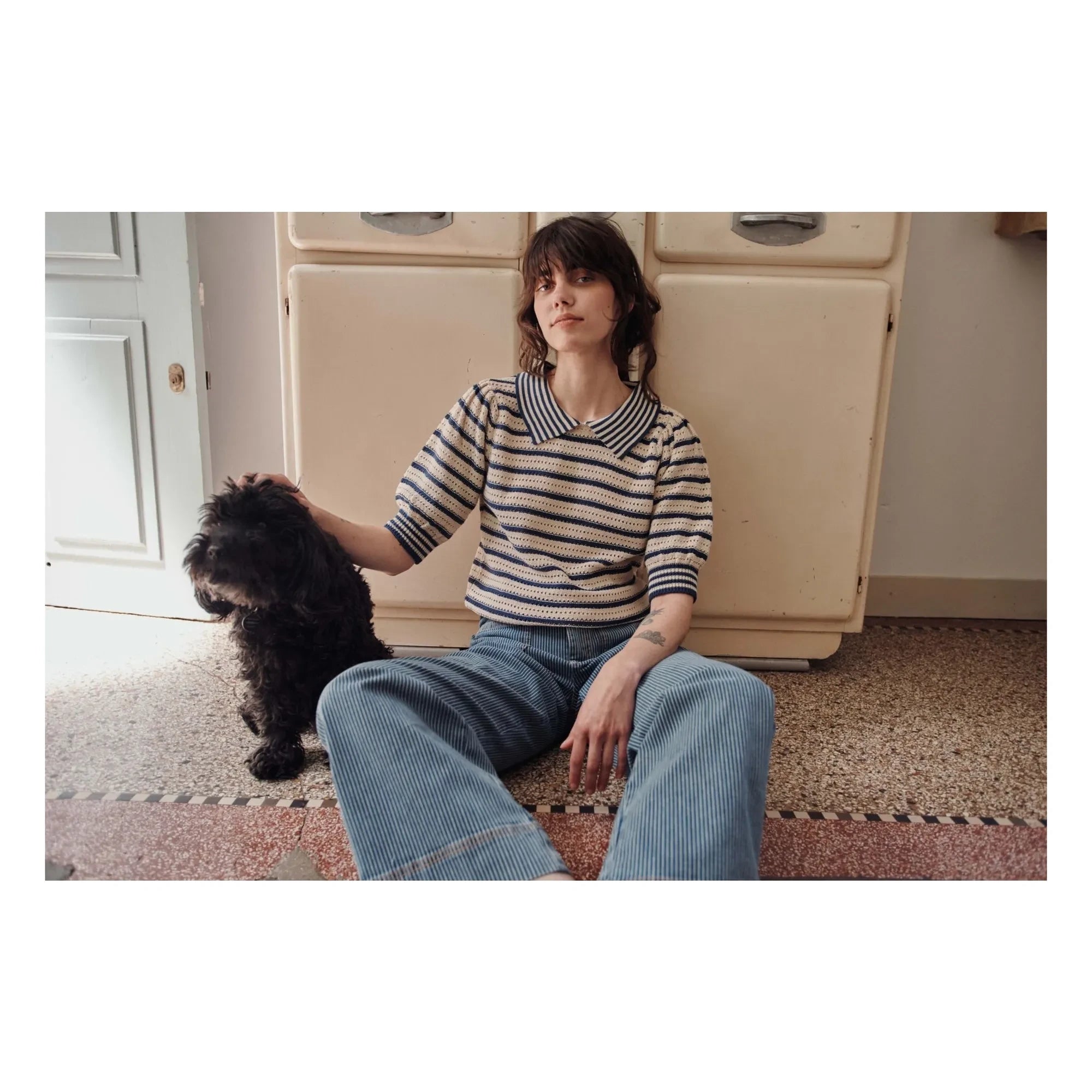 Emile et Ida – Gestreifter Pullover aus Bio-Baumwolle mit Lochmuster | Marineblau