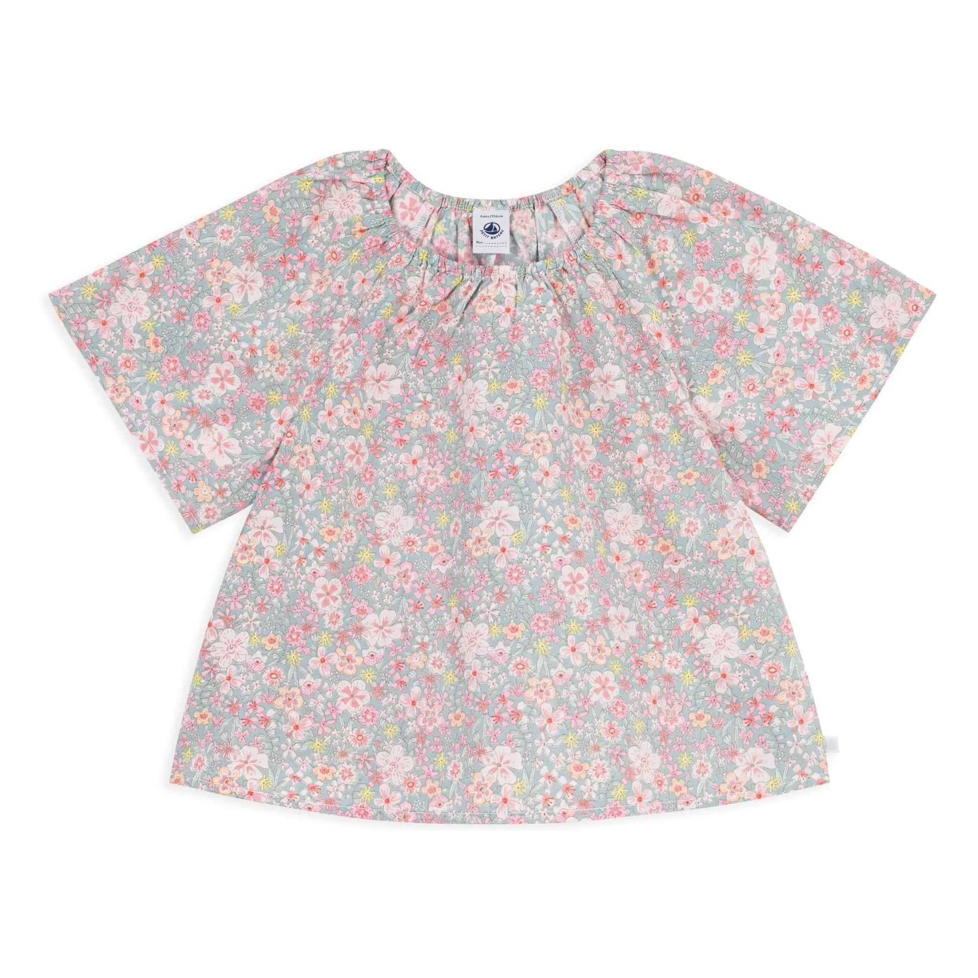 Petit Bateau - Baumwoll-Bluse mit Streifen und Blumen | Grau-Blau