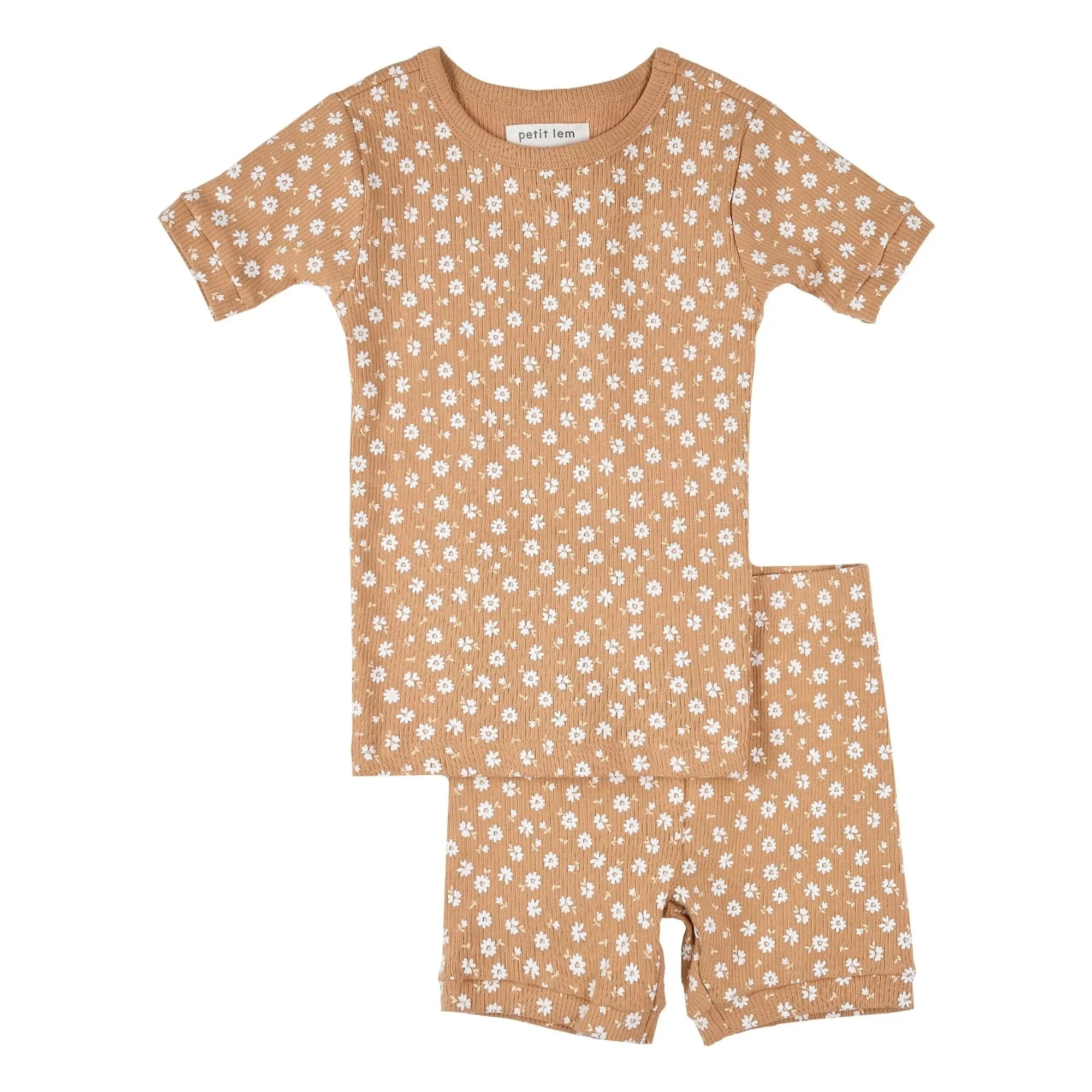 Petit Lem - Bio-Baumwoll-Rippstrick-Pyjama mit Blumenmuster | Natur