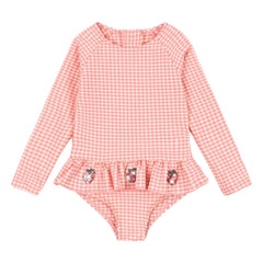 Konges Sløjd - Etta Langarm-Schwimmanzug mit Karomuster und Erdbeeren | Rosa