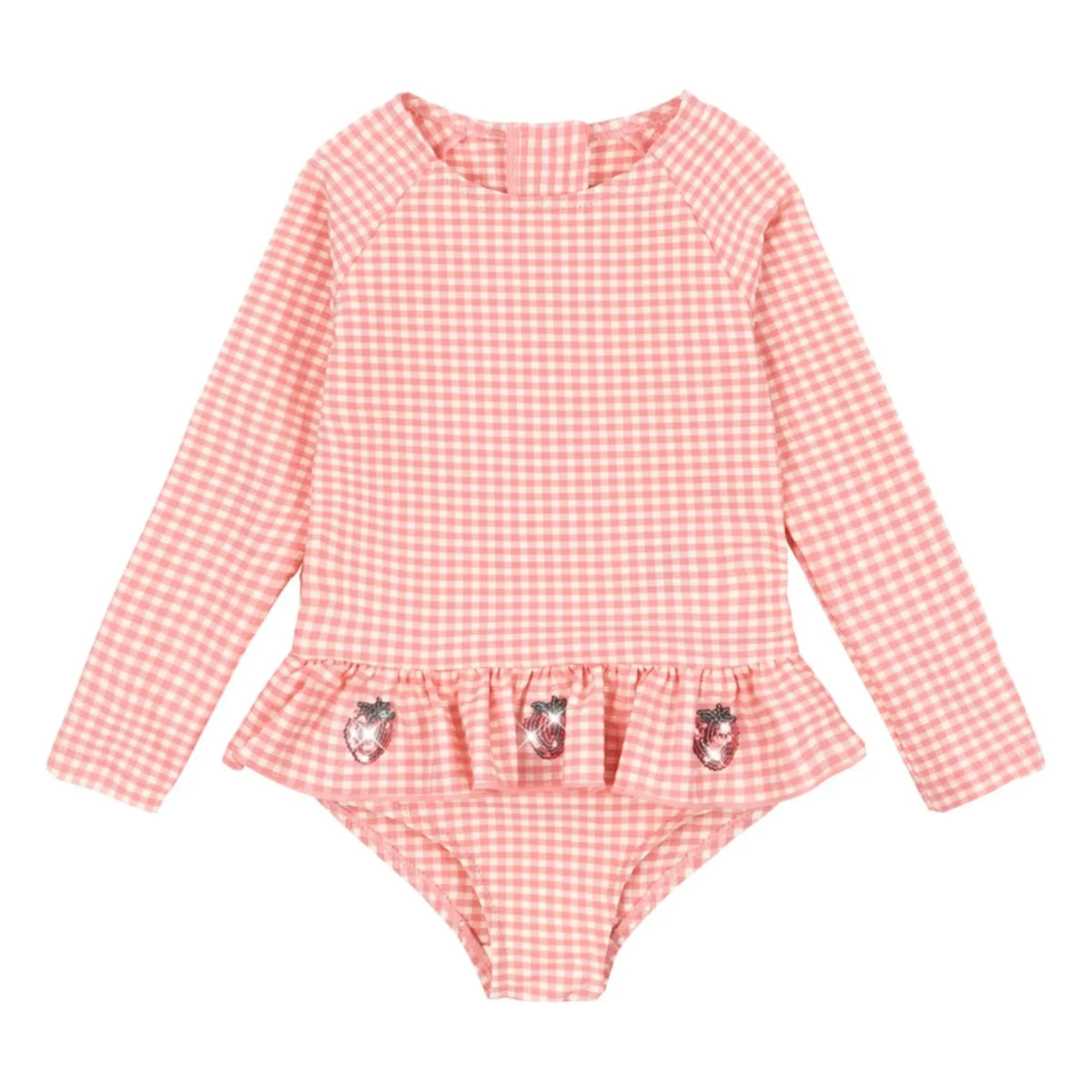Konges Sløjd - Etta Langarm-Schwimmanzug mit Karomuster und Erdbeeren | Rosa