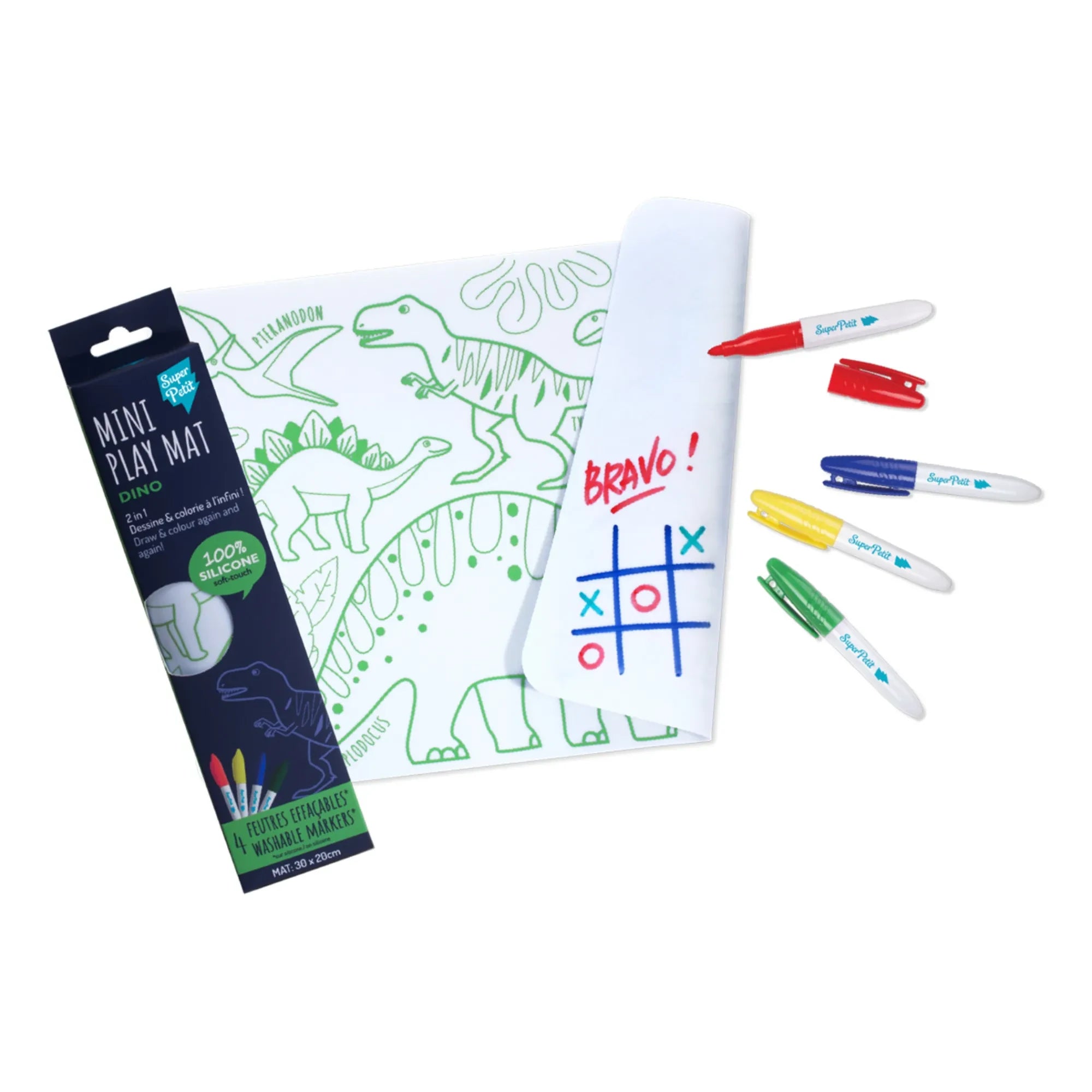 Superpetit - Doppelseitige Mini-Mal-Tischset mit 4 Filzstiften - Dinosaurier