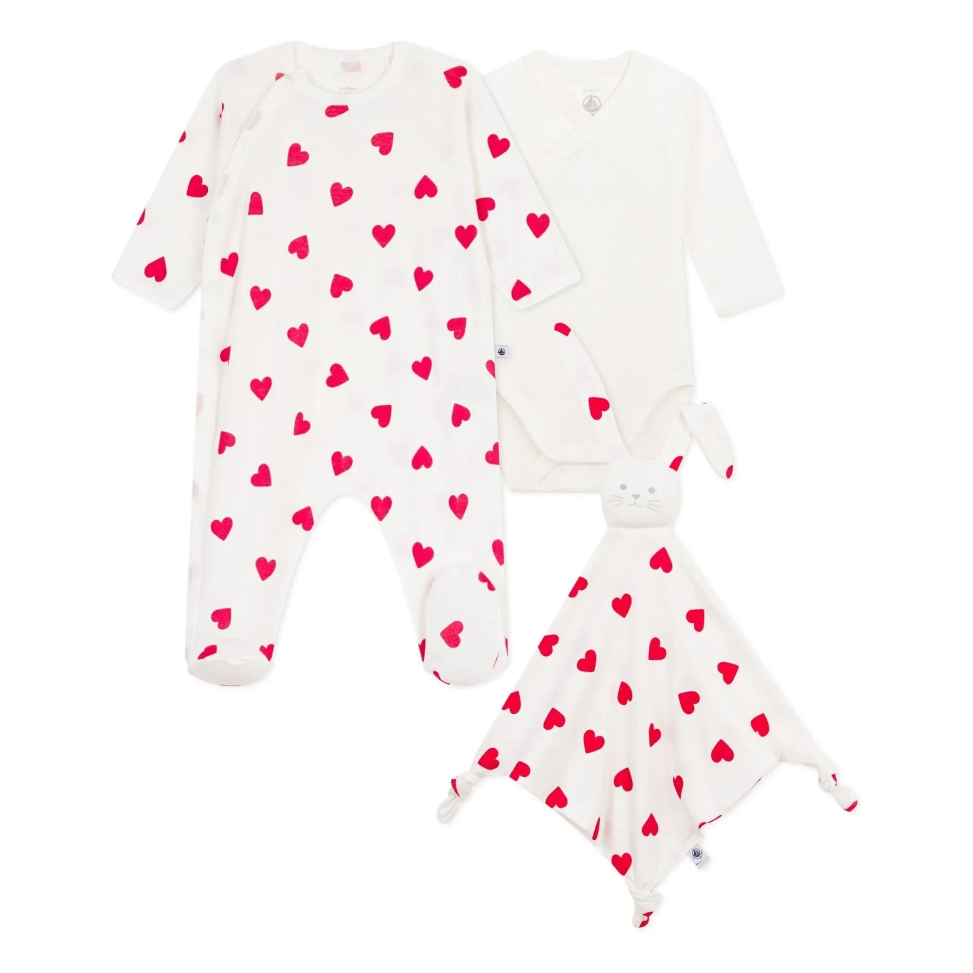 Petit Bateau - 3-teiliges Schlafanzug-Strampler-Set mit süßen Herzen Geschenkset | Weiß