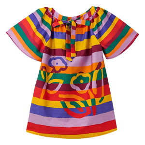 Fabula - Gestreiftes Blumenkleid mit spanischem Ärmel | Gelb