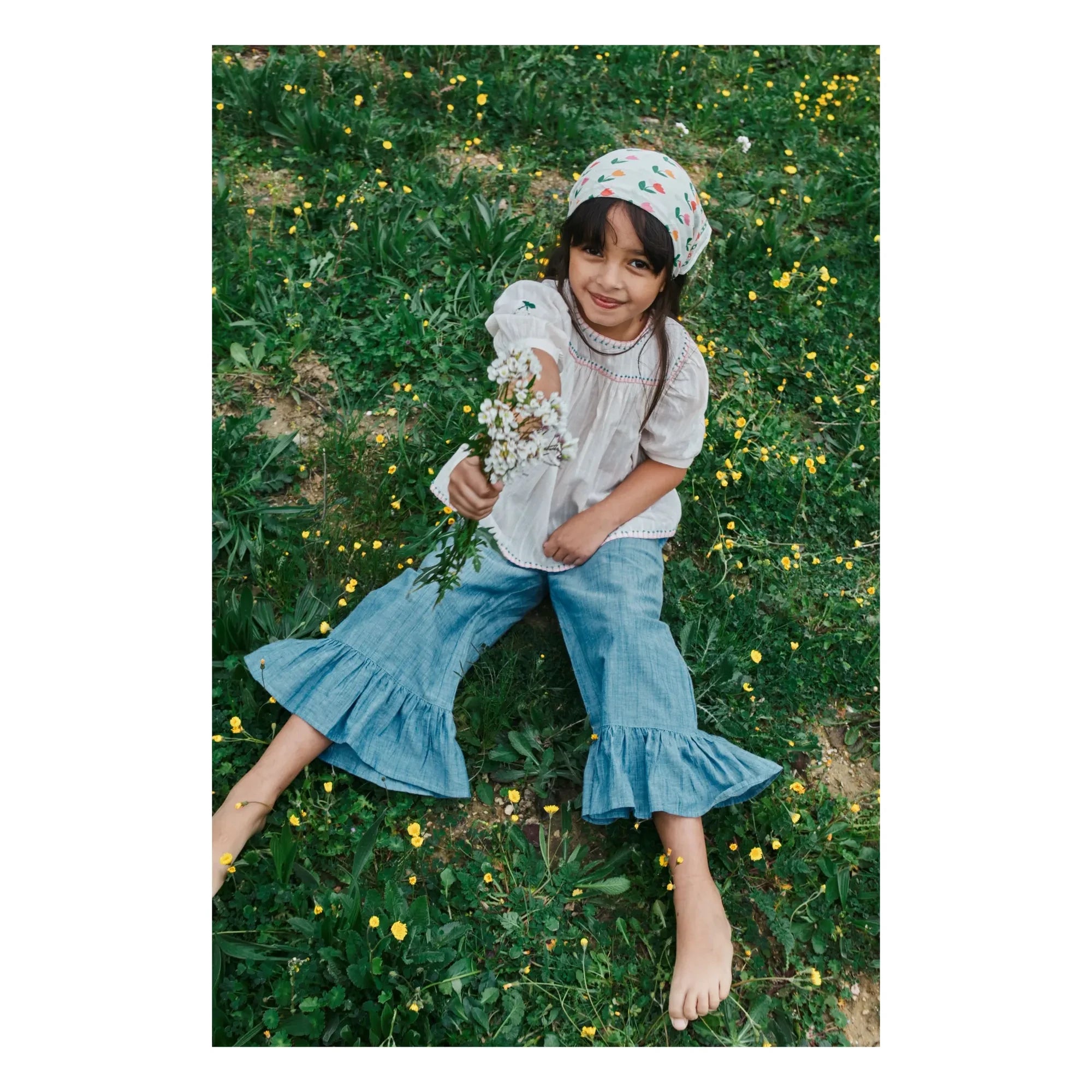 Emile et Ida - Blaue Chambray-Hose mit Rüschen