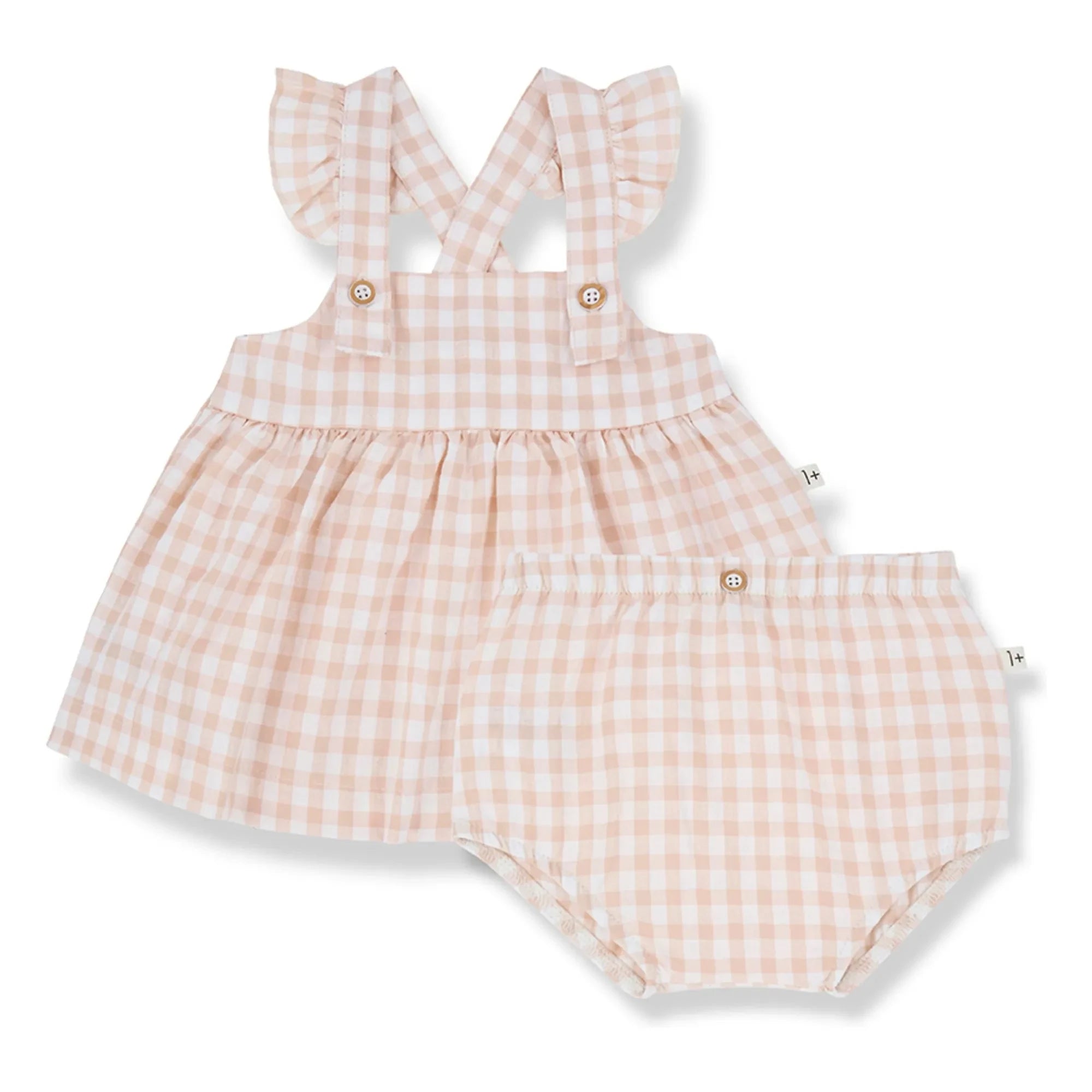 1+ in the family - Rodhes Vichy Seersucker Kleid und Höschen Set | Beige Rosa