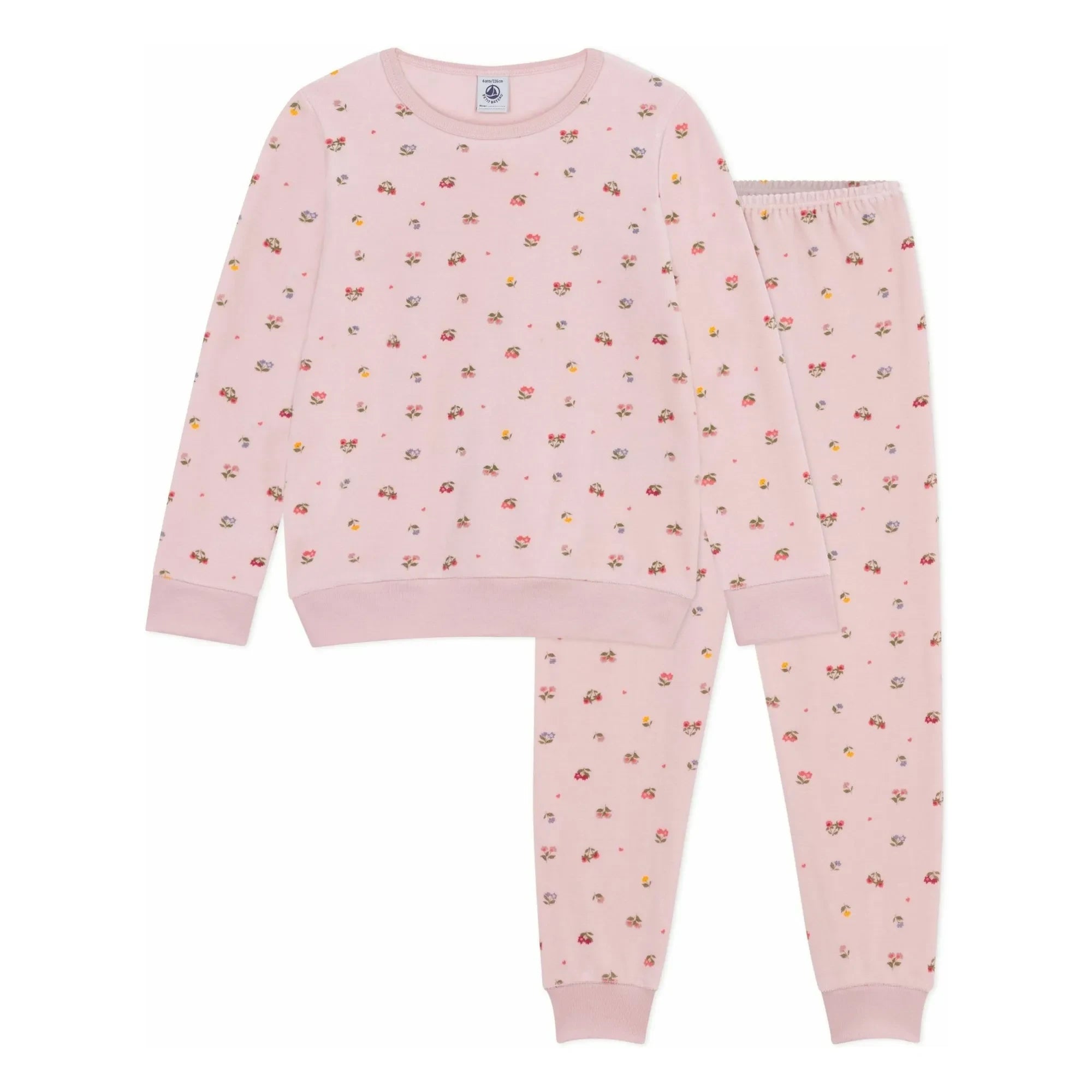 Petit Bateau – Schlafanzug aus Bio-Baumwolle mit Herz- und Blumenmuster | Blassrosa