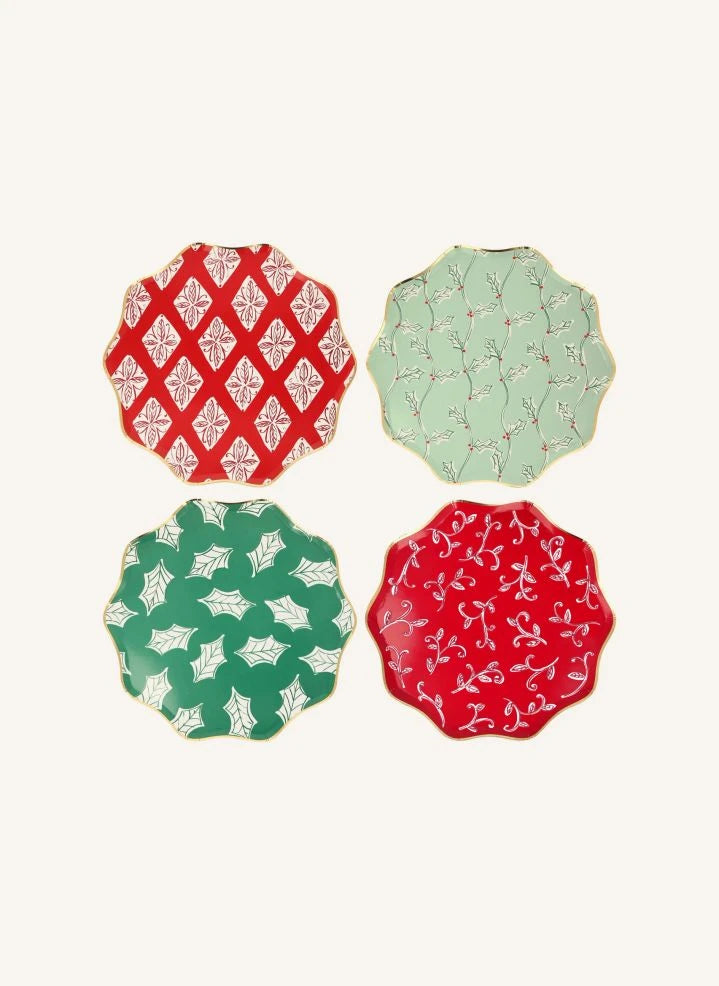 Meri Meri - Große Weihnachten Teller mit Blockdruckmuster - Set mit 8 Stück