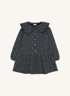 Búho - Organische Baumwolle Blüten Cottage Claudine Kragen Kleid | Marineblau