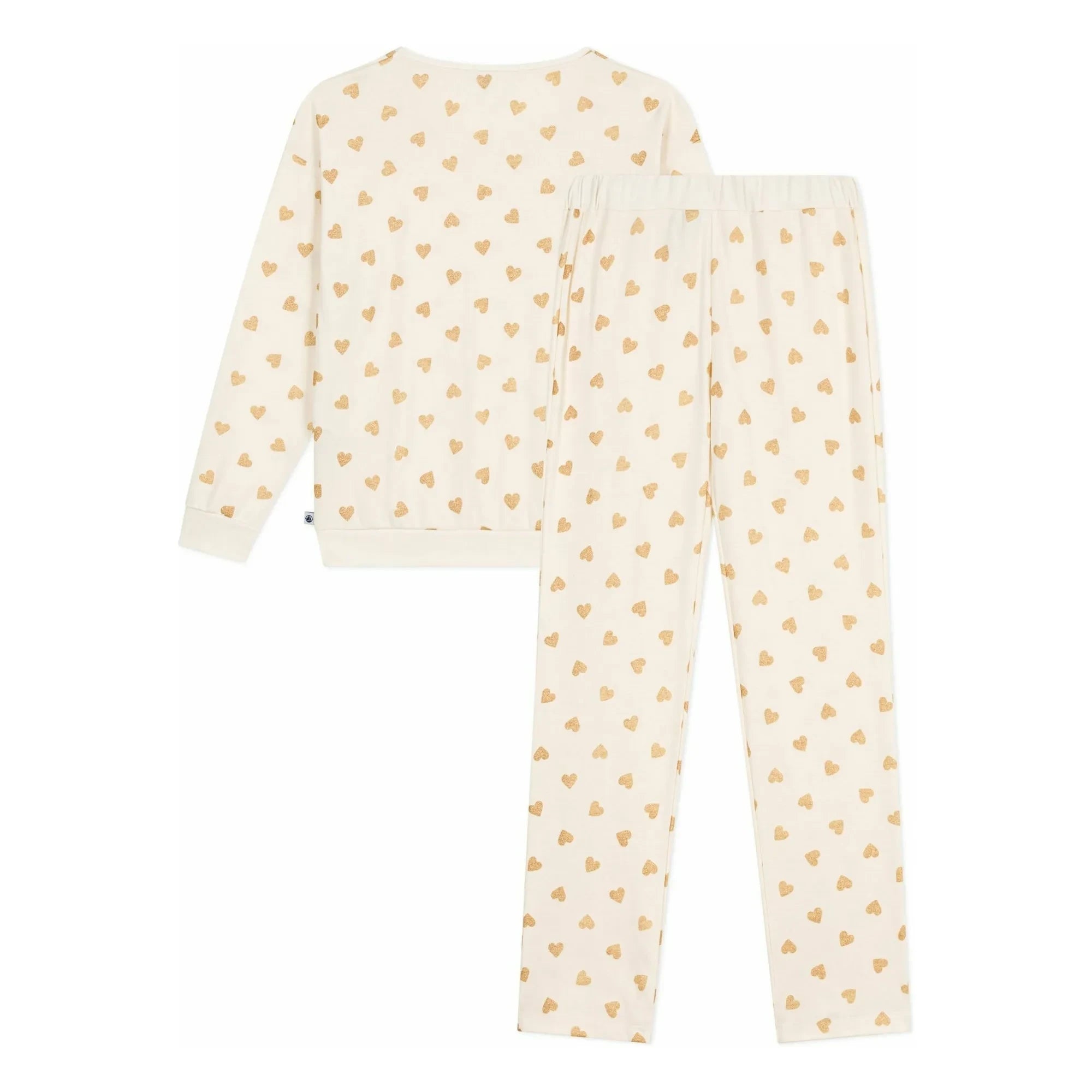 Petit Bateau - Organik Pamuklu Düz Pijama Takımı, Pul Payetli Kalpler | Ekru