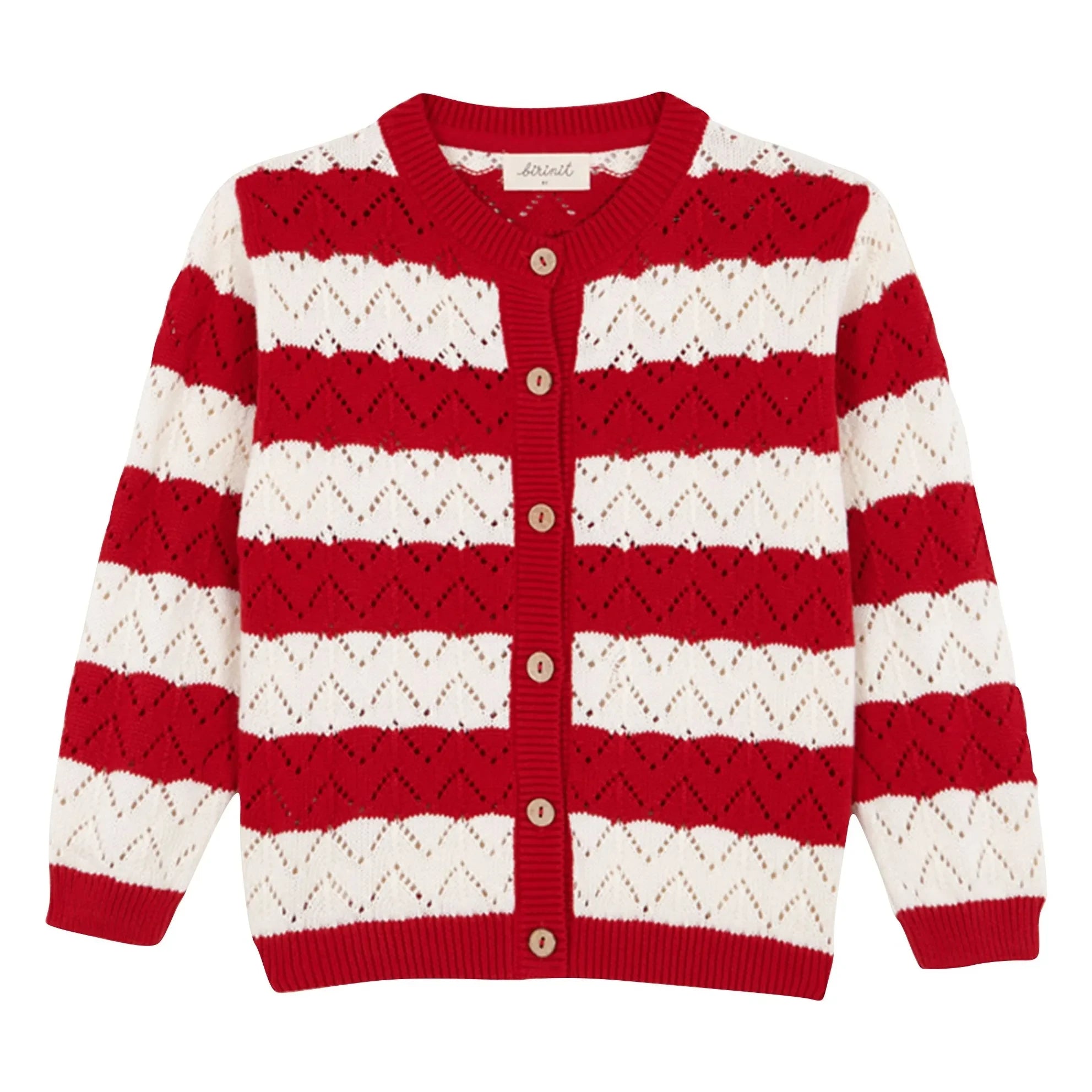 birinit - Pointelle Chili Gestreifter Cardigan | Rot
