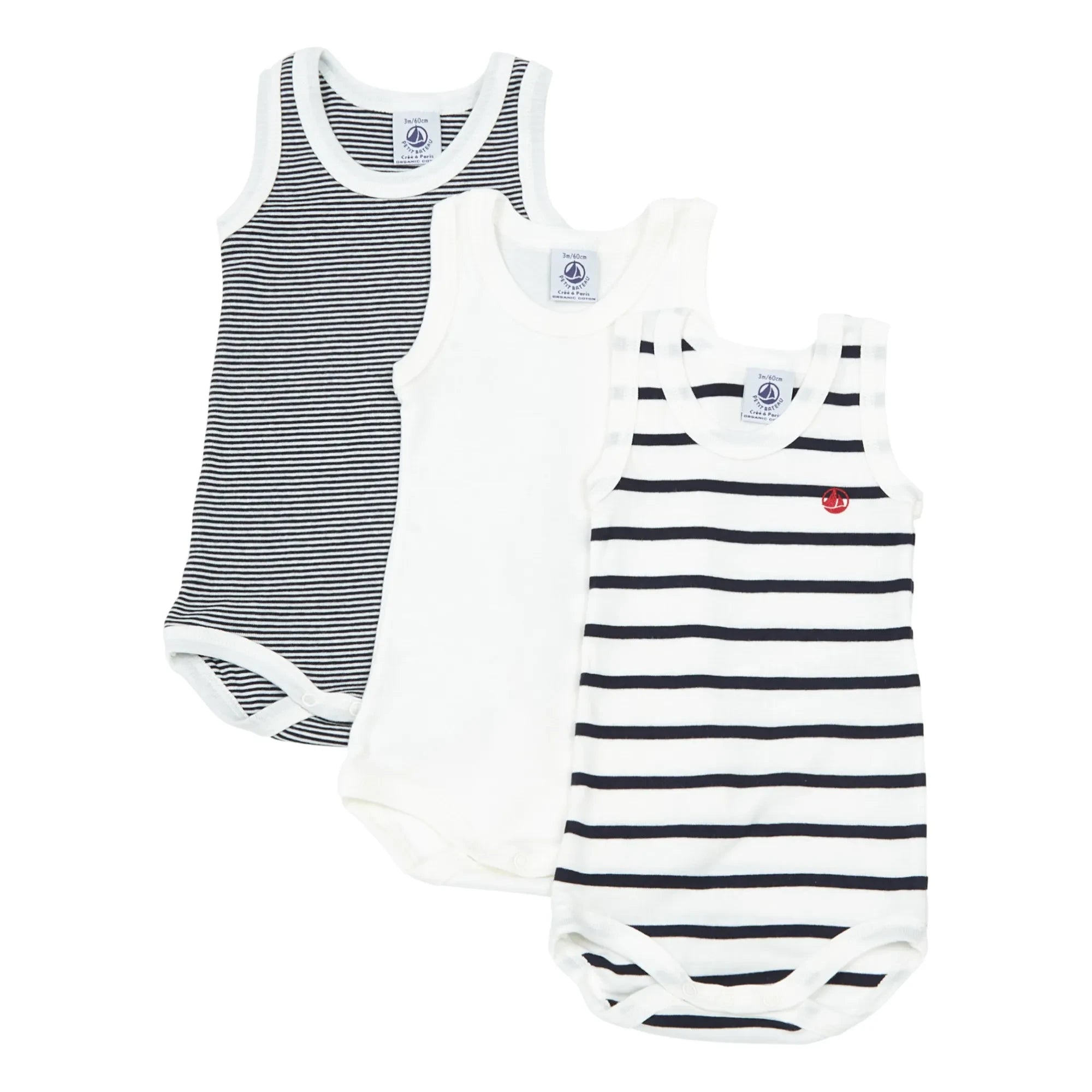 Petit Bateau - 3er-Pack Organische Baumwolle Gestreifte Baby-Strampler | Blau