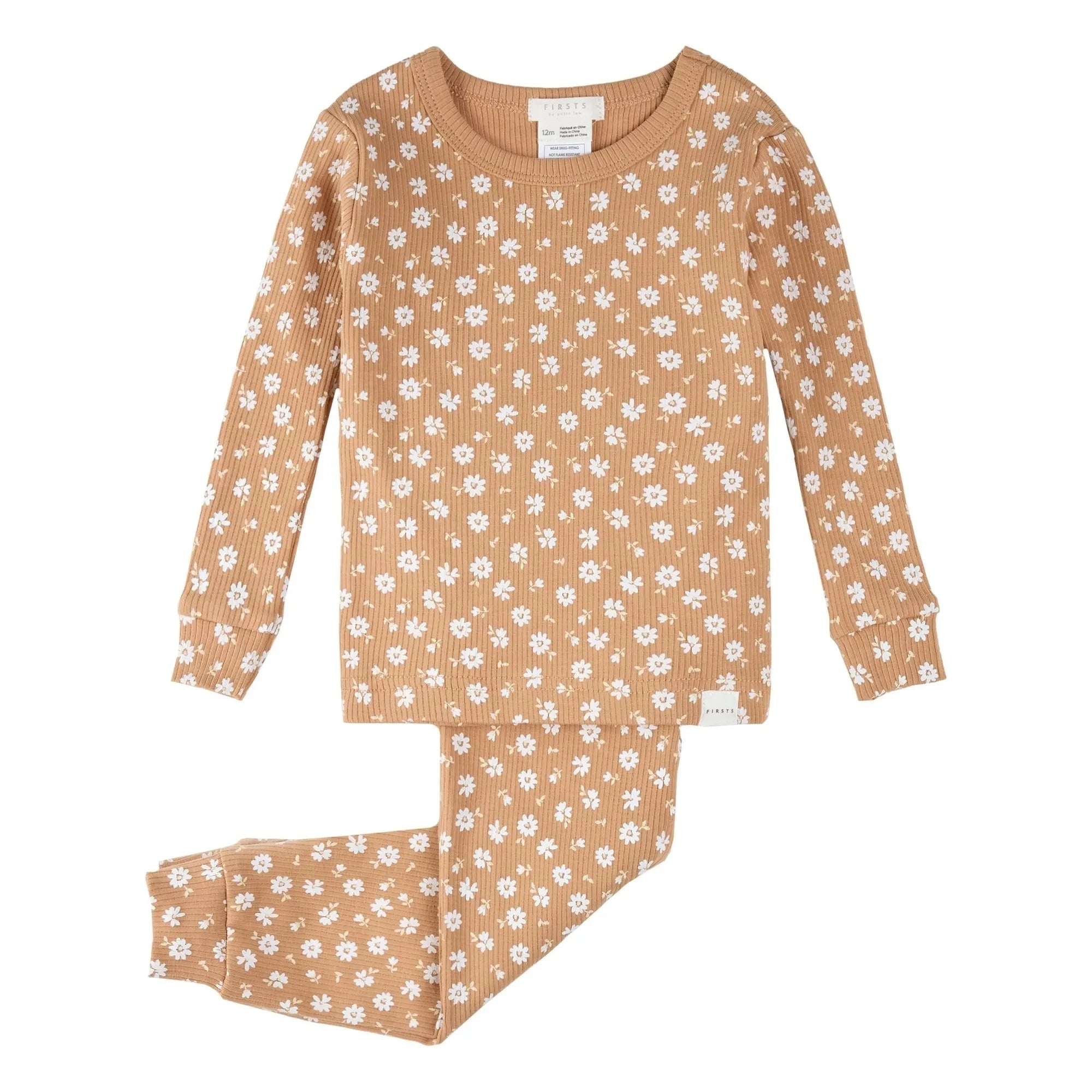 Petit Lem - Bio-Baumwoll-Rippstrick-Pyjama mit Blumenmuster | Natur