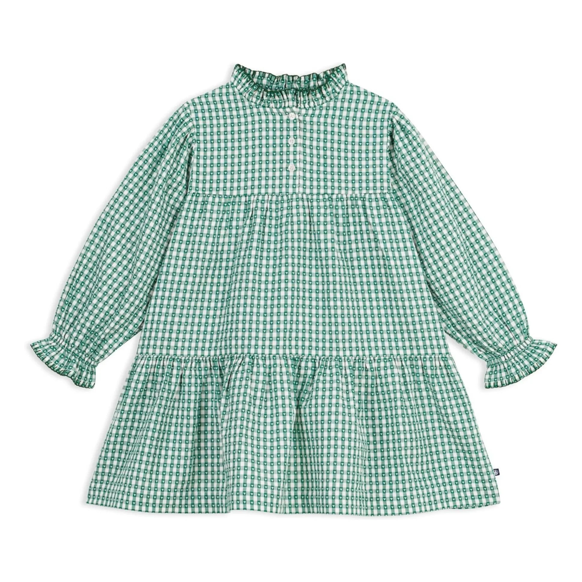 Petit Bateau - Organik Pamuk Poplin Ekose Geniş Elbise | Yeşil