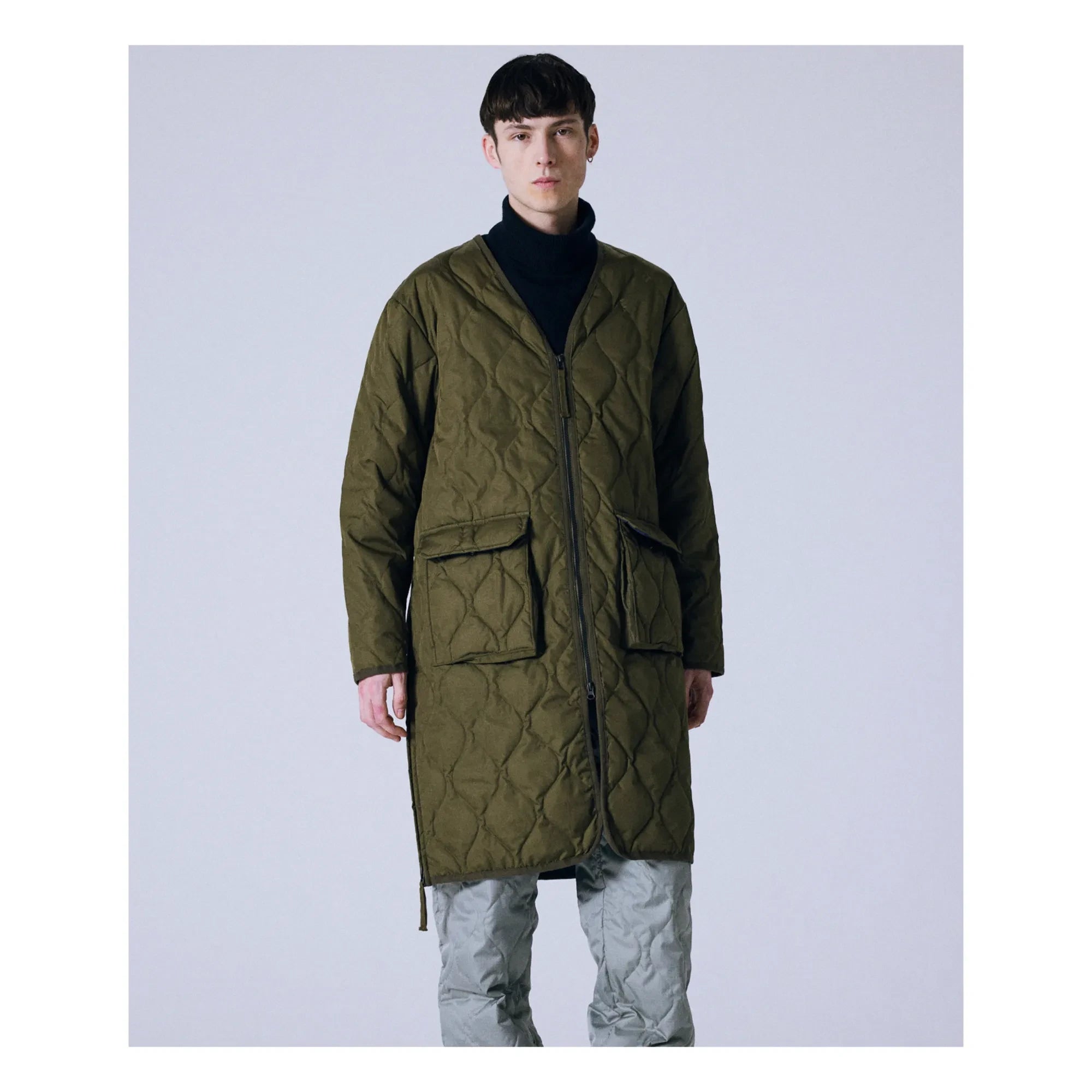 Taion - Militärischer Unisex Langer Steppmantel mit Reißverschluss | Olivgrün