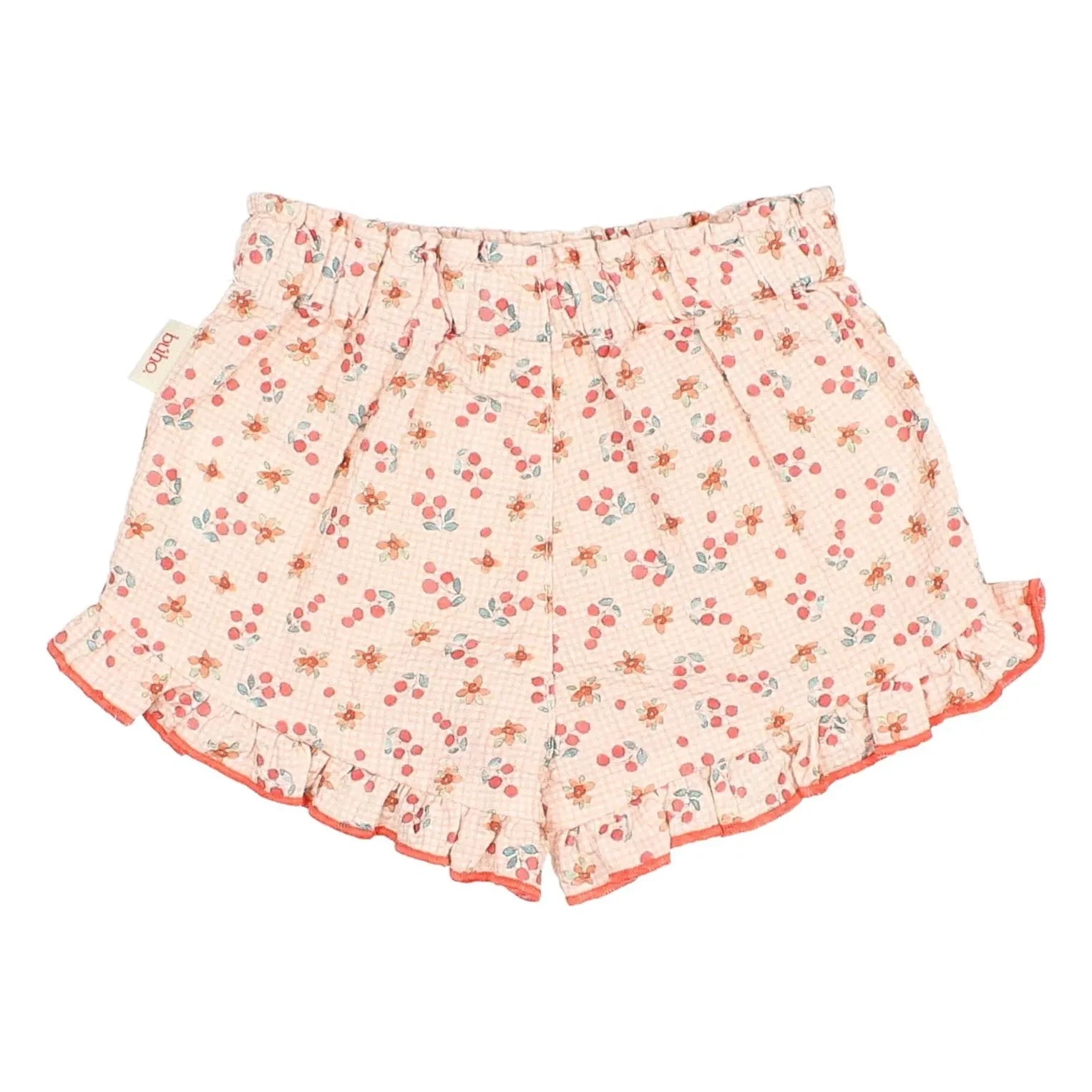 Búho - Pfirsichfarbene Seersucker-Blumenshorts für Babys