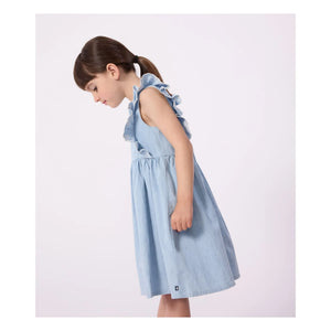Petit Bateau - Blaues Chambray Rüschenkleid
