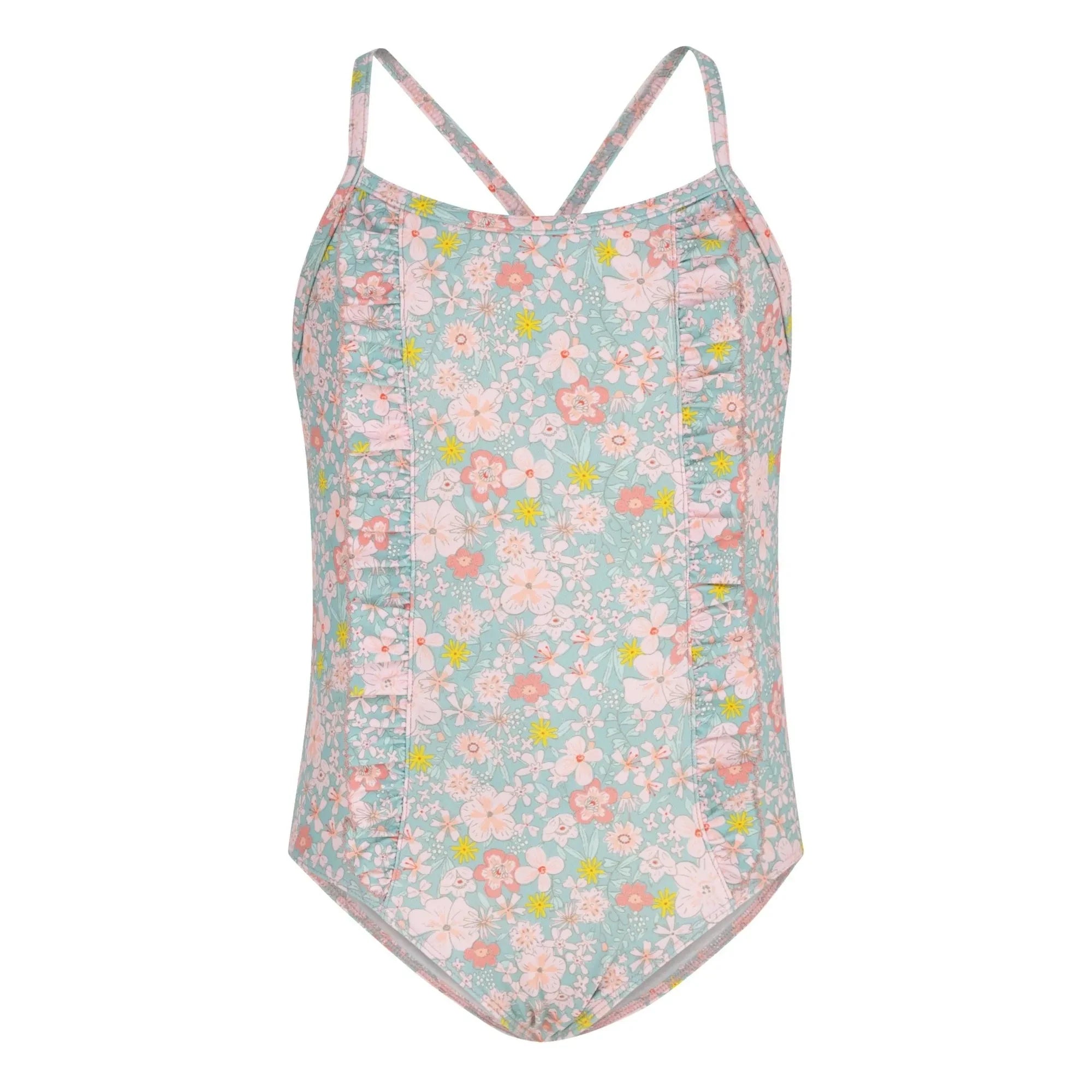 Petit Bateau - Badeanzug mit Rüschen und Blumenmuster | Türkis