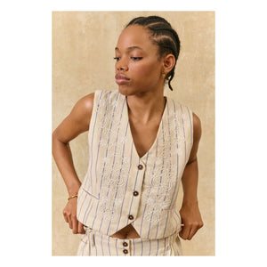 Louise Misha - Franckie Gestreifte Leinen-Baumwoll-Weste | Creme