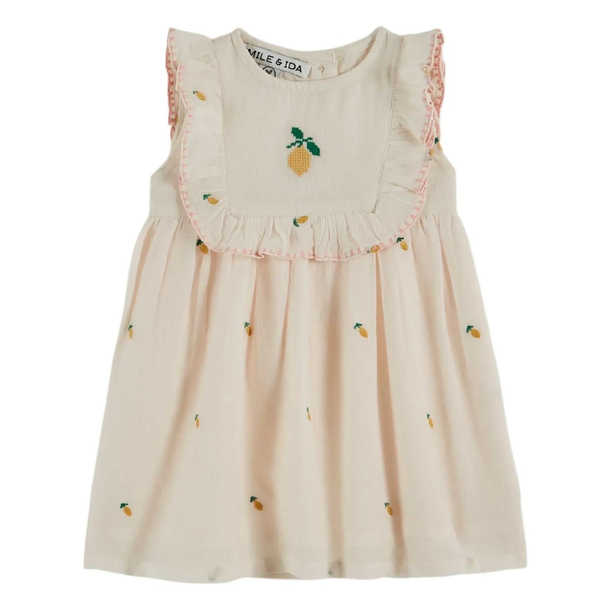 Emile et Ida - Plastron-Kleid mit Zitronenstickerei | Creme