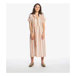 Matona - Gestreiftes Leinen-Midi-Hemdblusenkleid | Gebrochenes Weiß