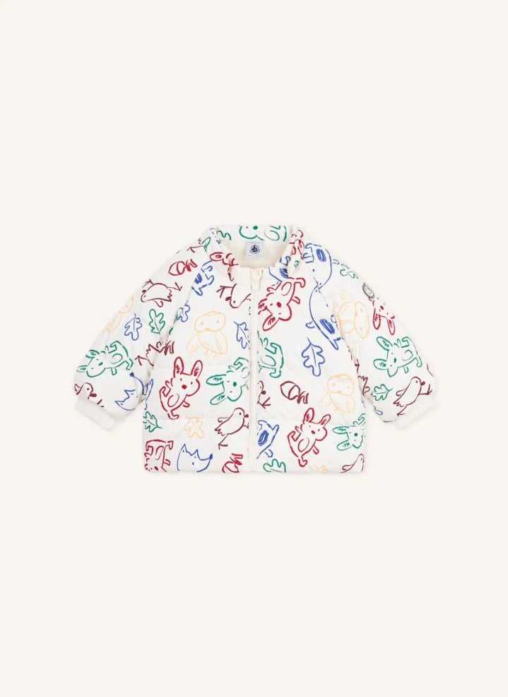 Petit Bateau - Ecru Daunenjacke mit Baby-Tier-Motiv