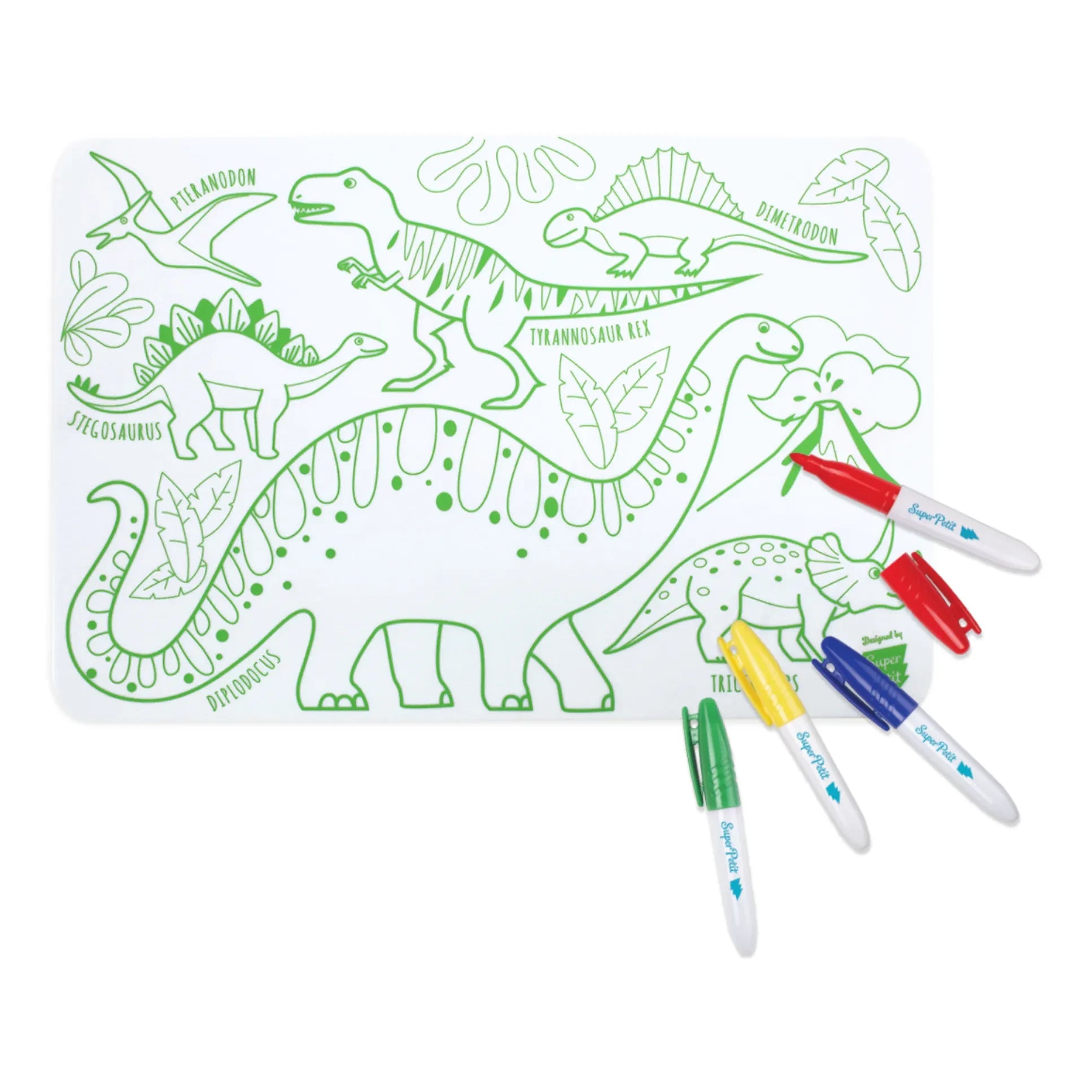 Superpetit - Doppelseitige Mini-Mal-Tischset mit 4 Filzstiften - Dinosaurier